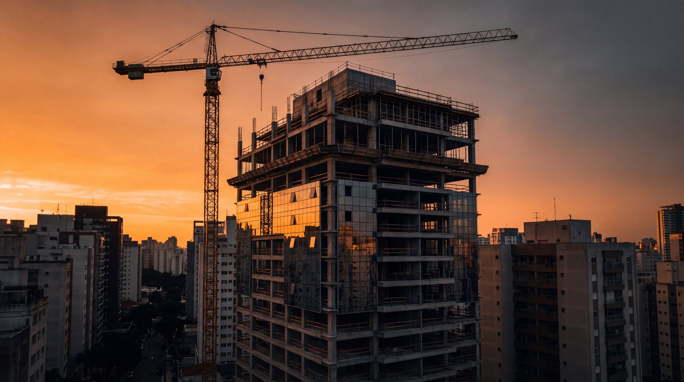 Edifício em construção em São Paulo ao pôr do sol